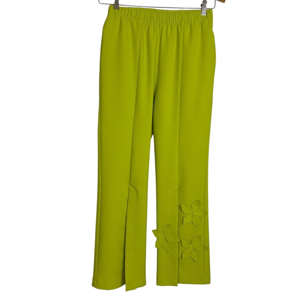 IC By Connie K Pants Womens XS Green Pull On Floral Applique Slit Crop Career